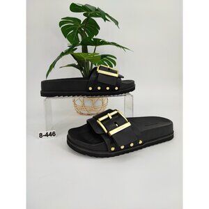 All Saints Women s Ellie Studded Buckle Black Leather Sliders In Black Size 8 US